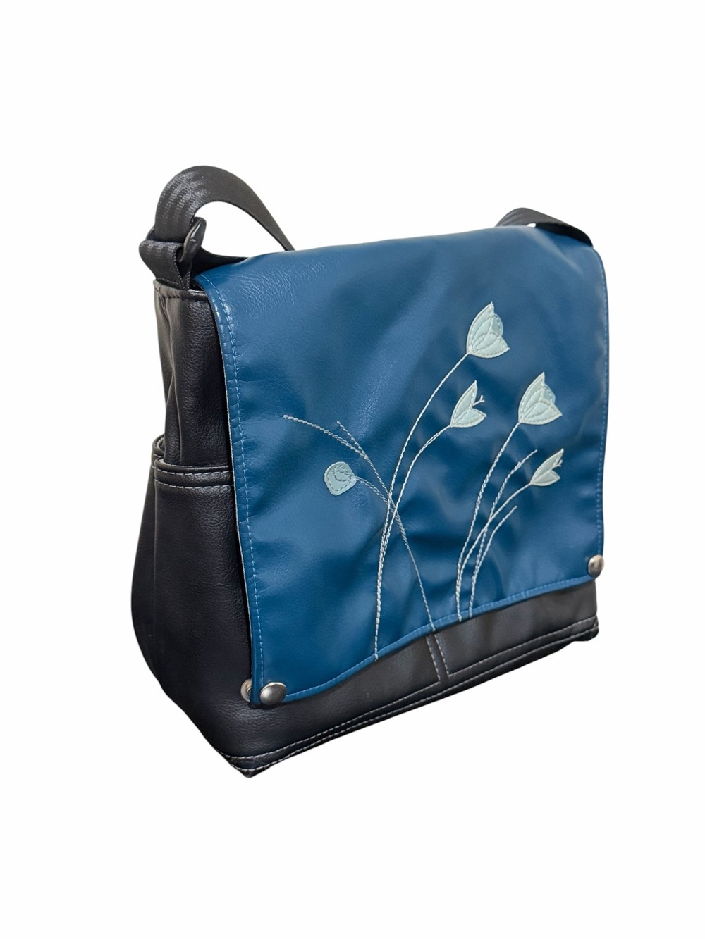 Blue Floral Embroidered Shoulder Bag with Black Trim